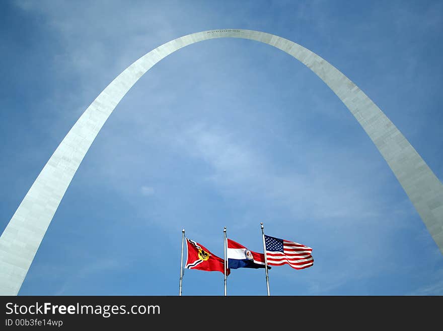 The Arch in St Louis, Missouri with flags