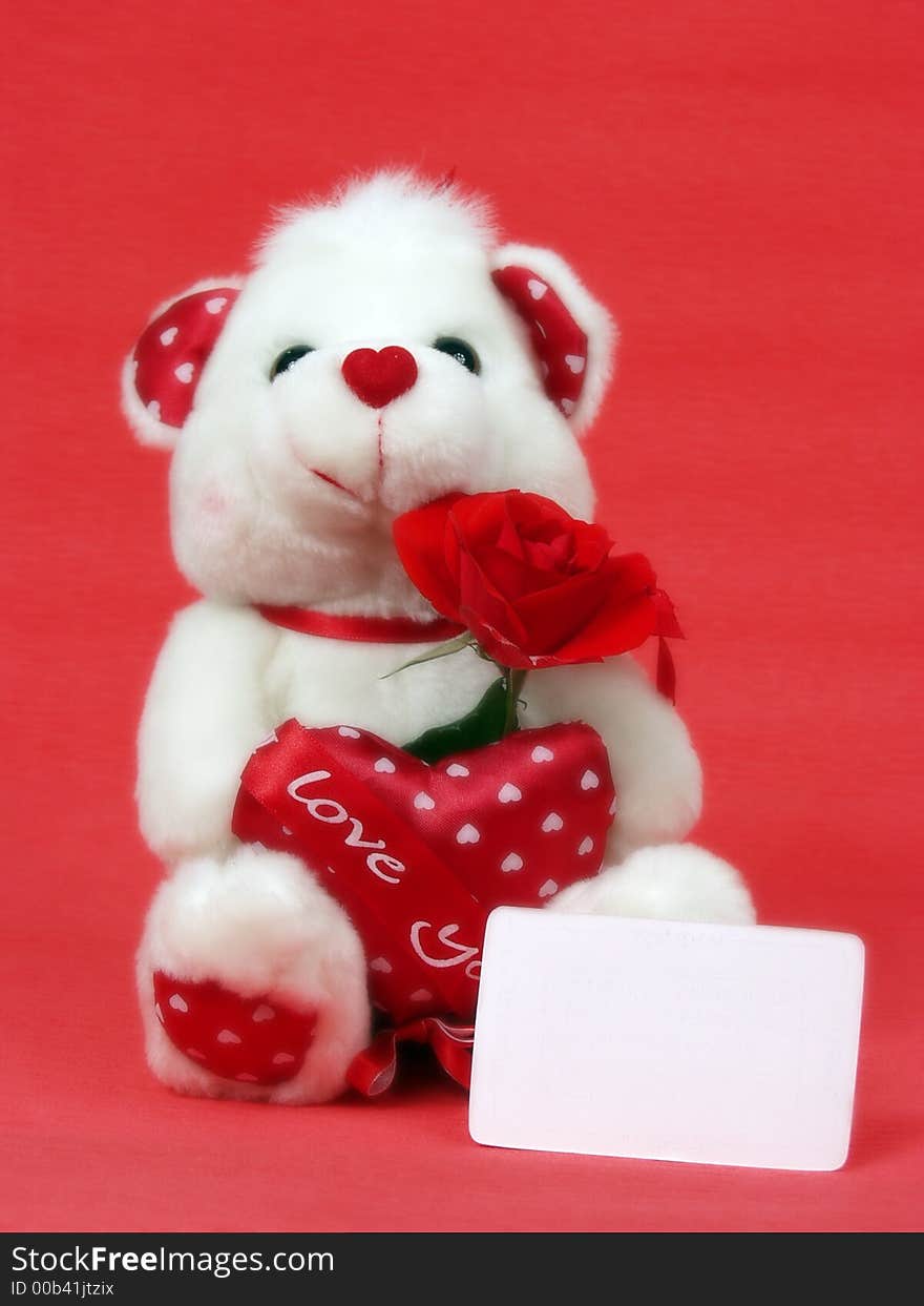 Teddy bear with red valentine heart on red background with blank card and little blur