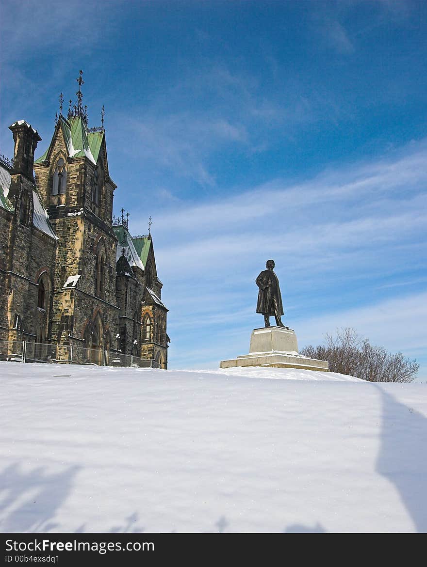 Monument Overlooking a Snowy Field