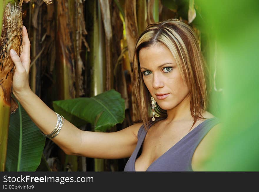 Seductive portrait of caucasian blond model in tropical setting wearing a low-neck gray dress.  Framed by foliage in foreground. Seductive portrait of caucasian blond model in tropical setting wearing a low-neck gray dress.  Framed by foliage in foreground.