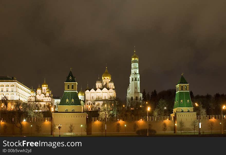 Russia, city Moscow, night Kremlin wall and tower and cathedral. Russia, city Moscow, night Kremlin wall and tower and cathedral