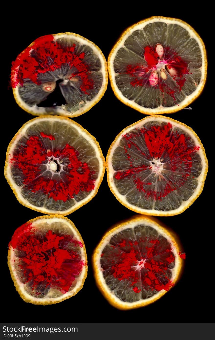 Lemon slices with red dye. Lemon slices with red dye