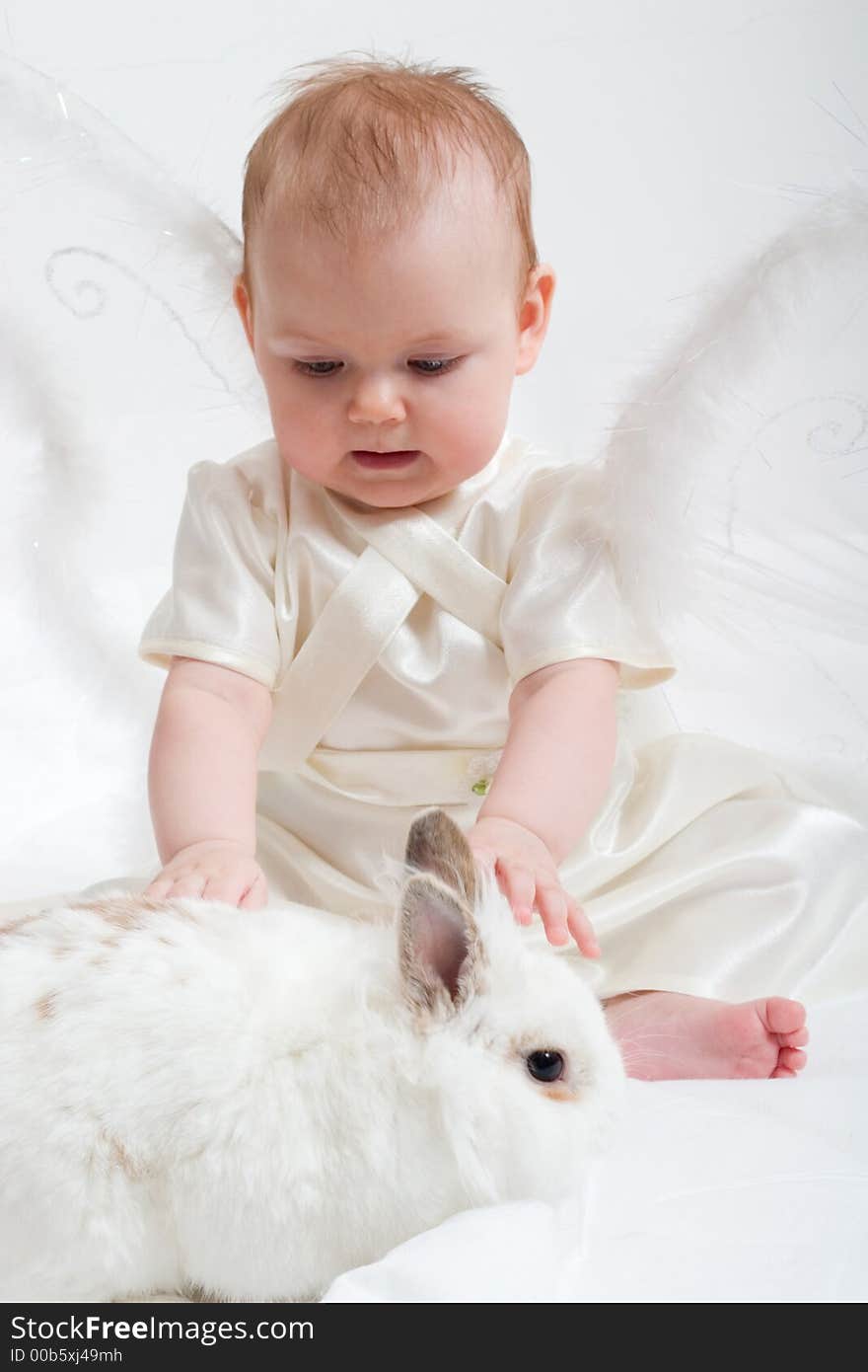 Cute little girl dressed like fairy with fluffy wings plays with white rabbit. Cute little girl dressed like fairy with fluffy wings plays with white rabbit