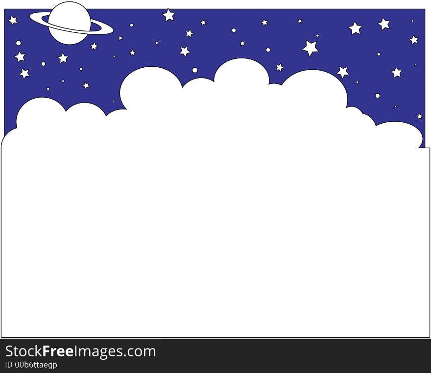 (Hand drawn) illustration of clouds hanging in a star studded sky accented with Saturn. (Hand drawn) illustration of clouds hanging in a star studded sky accented with Saturn.