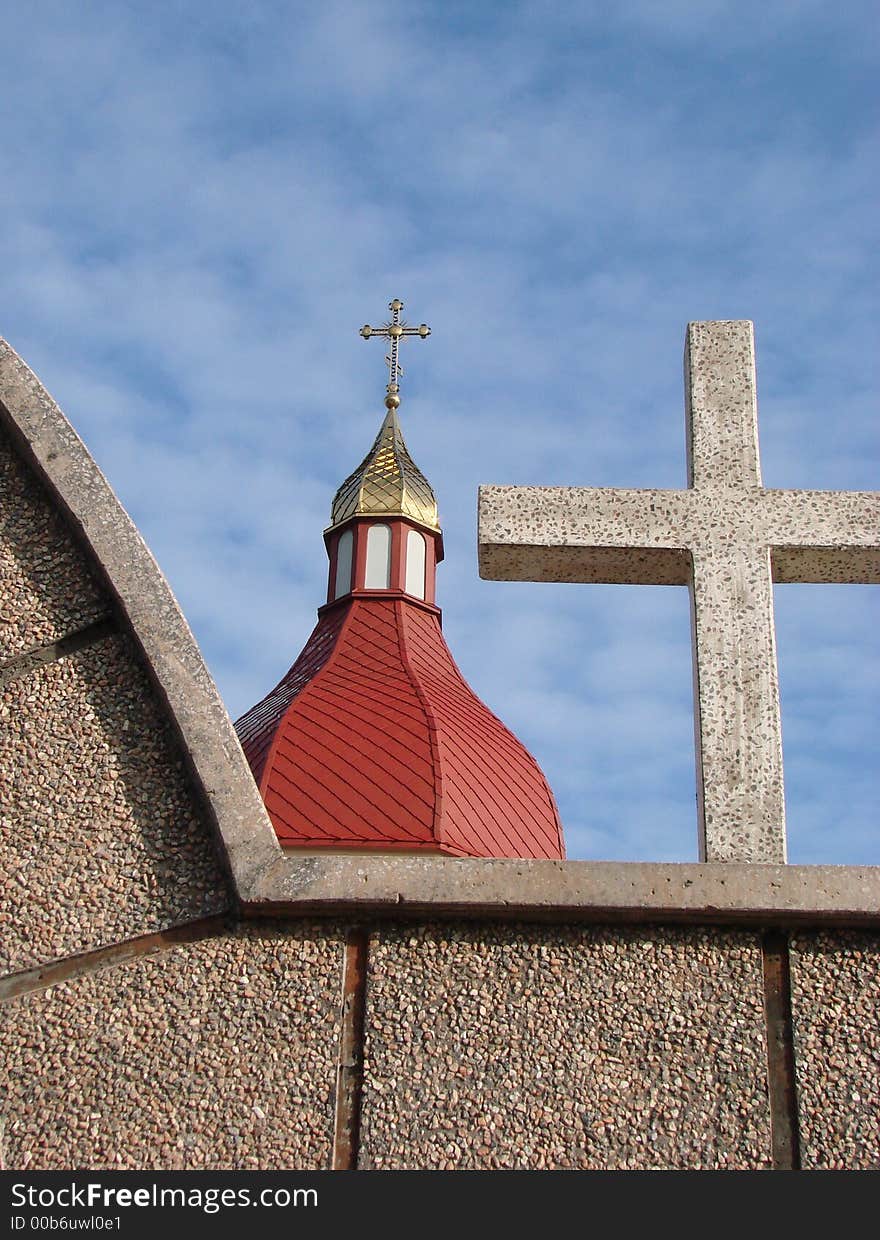 Orthodox Church's Red Roof Holy Cross upon cupola. Orthodox Church's Red Roof Holy Cross upon cupola