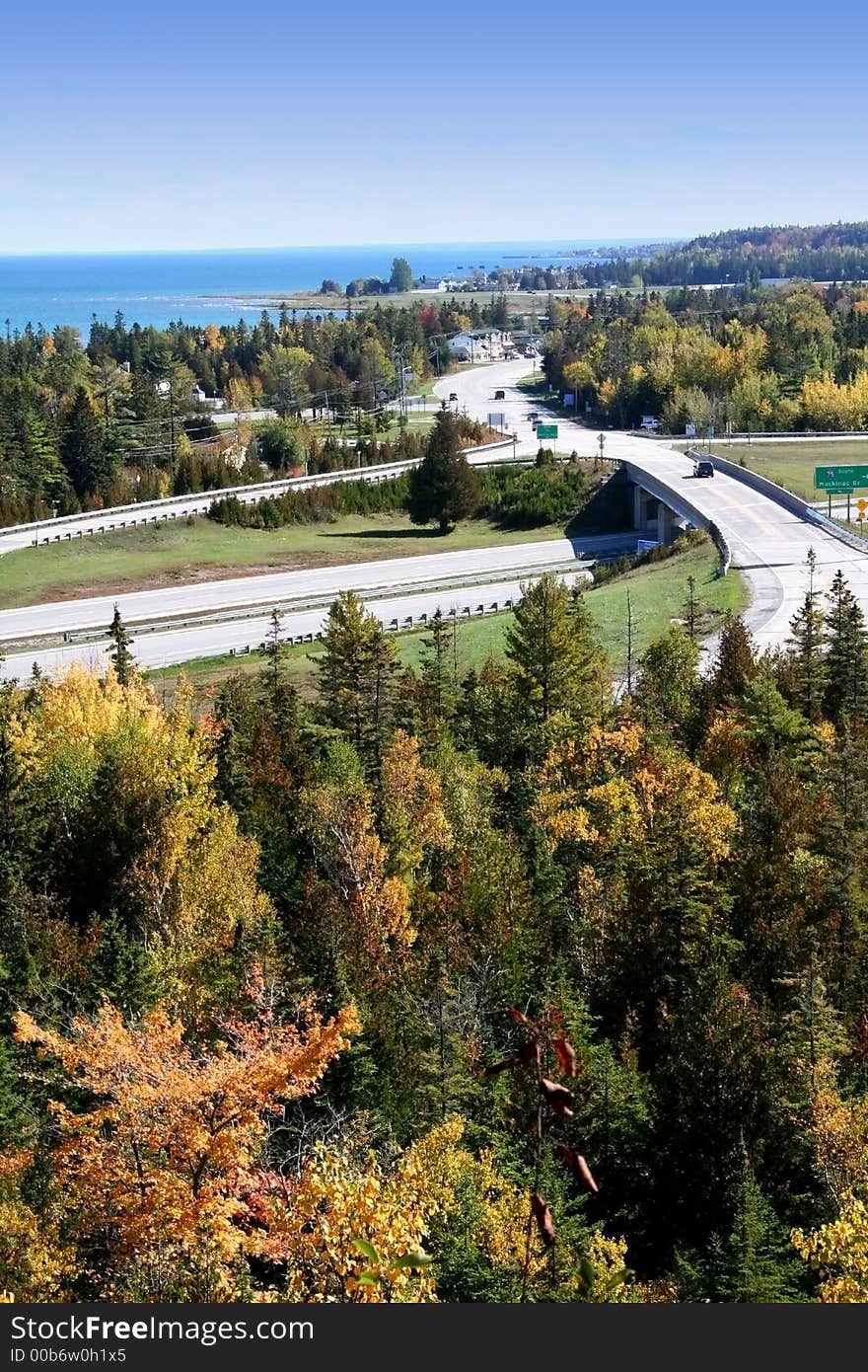 Highway intersection by Huron lake shore. Highway intersection by Huron lake shore