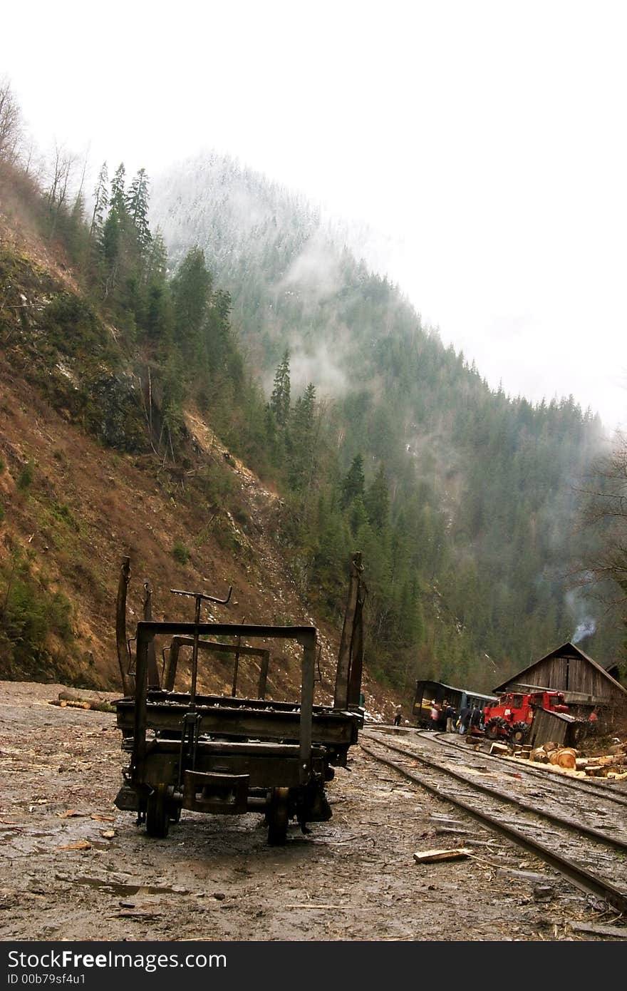 Abandoned mountain railway car landscape