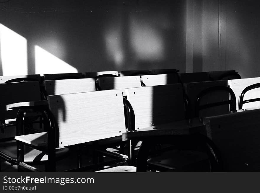 School desks are alone...they say hello to sun...