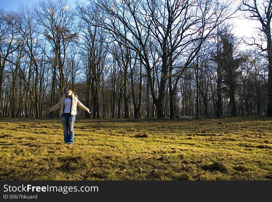 Happy woman and nature, wood, forest. Happy woman and nature, wood, forest