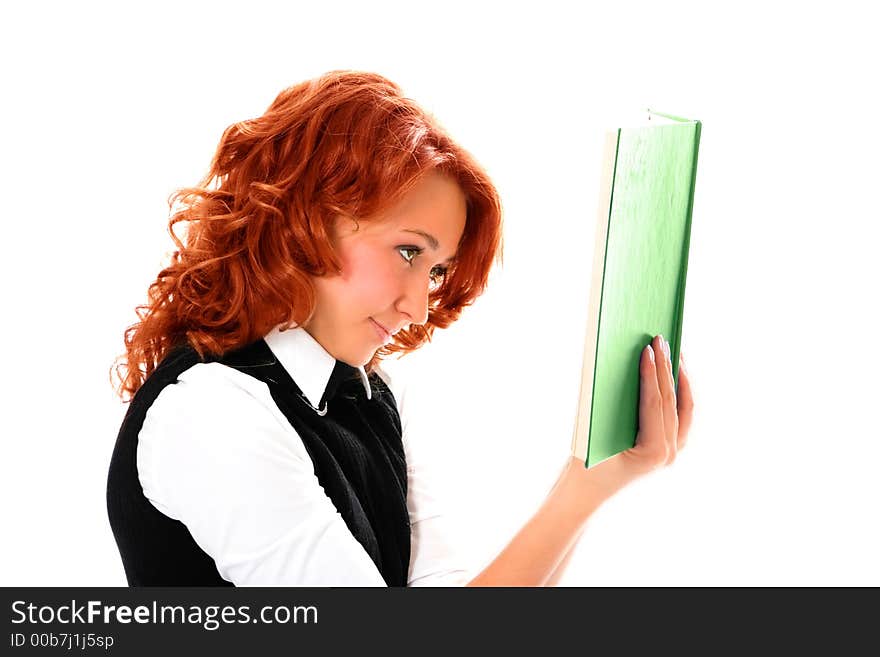 Young beautiful student girl read book