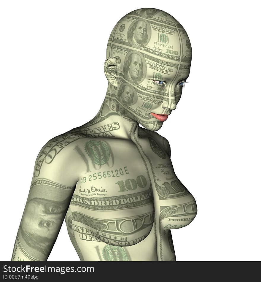 Naked girl with money texture  isolated on white background.  3d scene. Naked girl with money texture  isolated on white background.  3d scene.