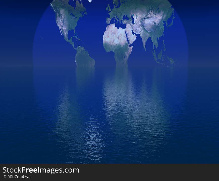 A flat earth Map Reflecting over Water