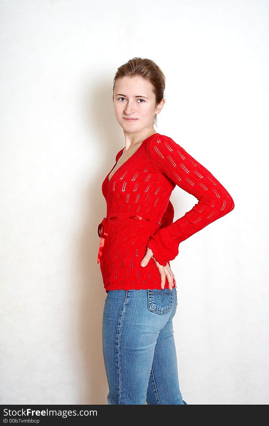 Young woman in red blouse