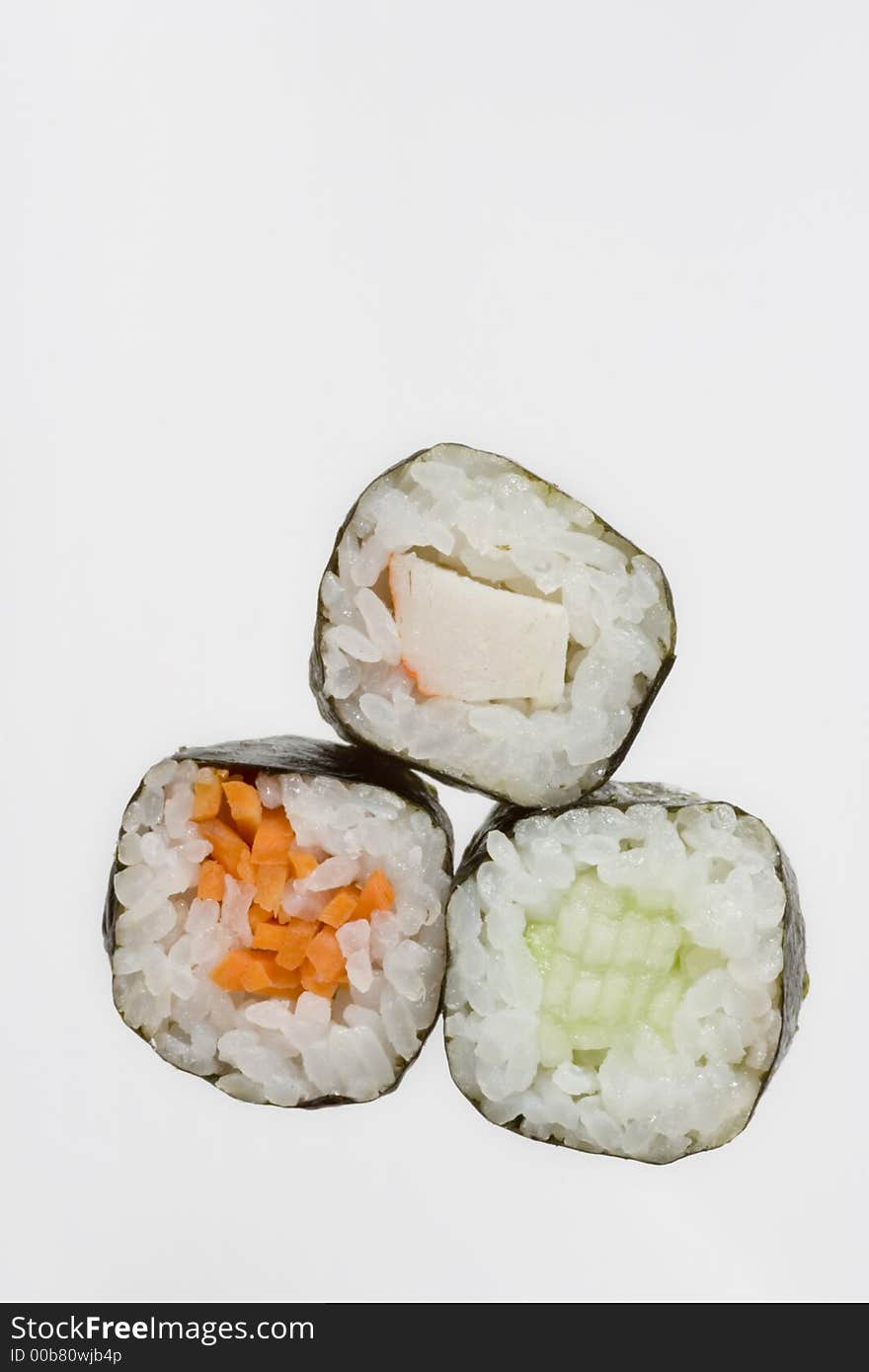 Different types of Sushi over white background