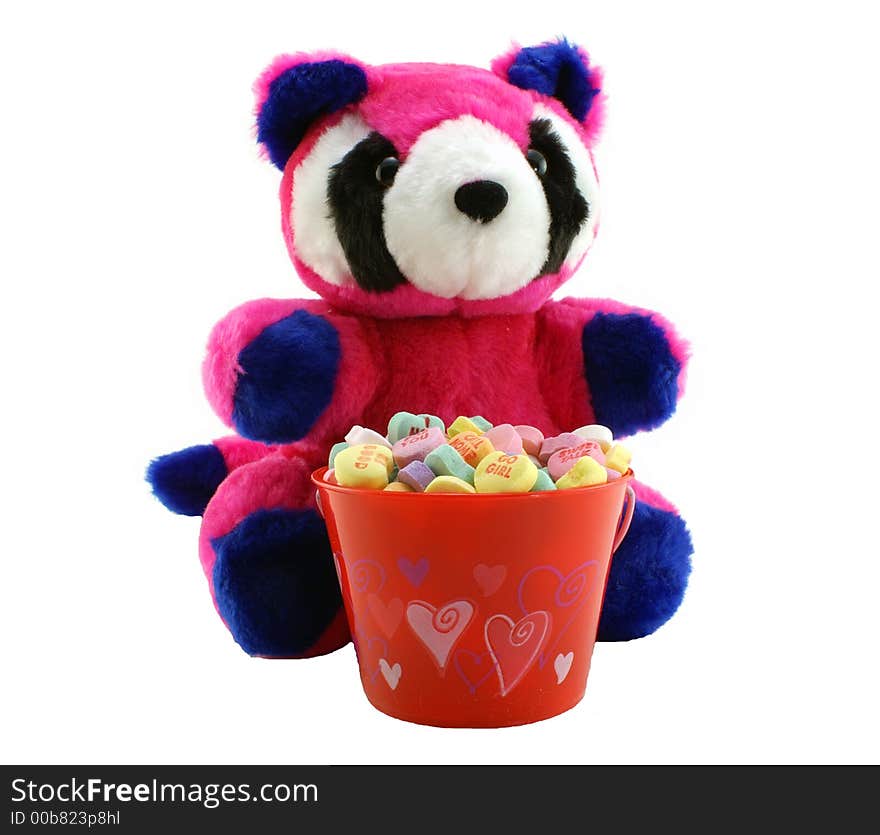 Valentine's Day Bear with Bucket of Candy Hearts. Valentine's Day Bear with Bucket of Candy Hearts