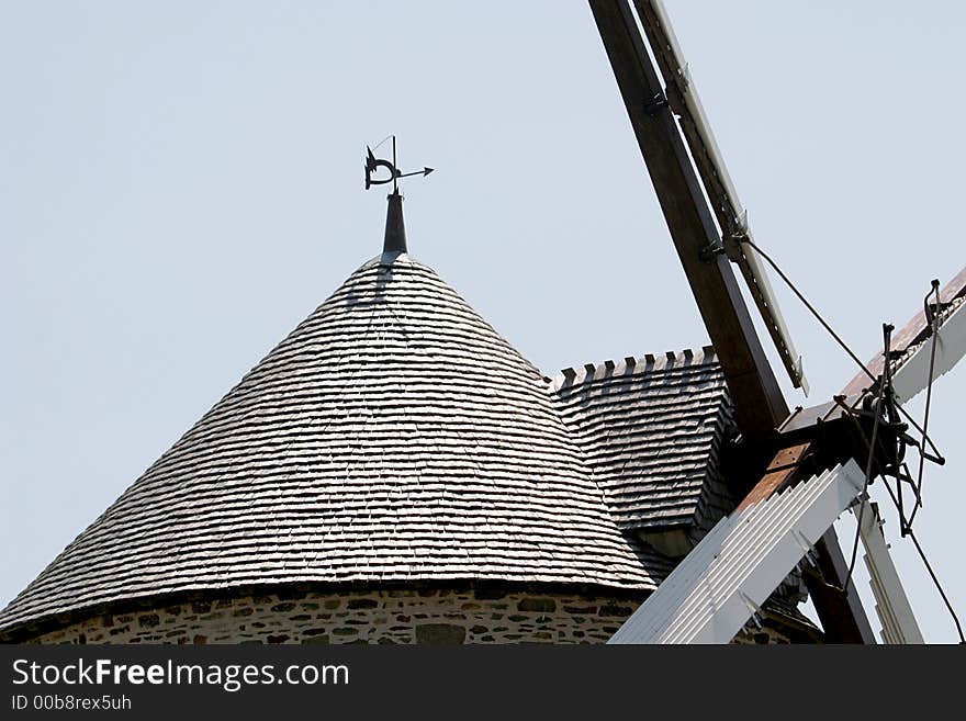 Close-up of a restored windmill with advanced technique in Beauvoir (Brittany-France).