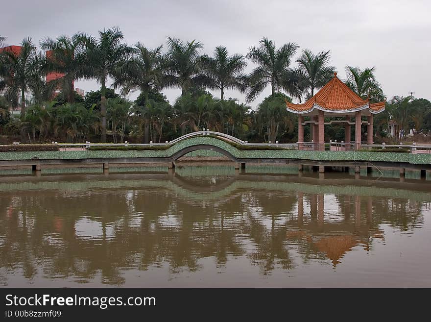 Winter park with lake and the Chinese pagoda. Winter park with lake and the Chinese pagoda