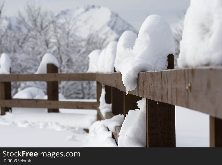 Wooden fence covered with snow