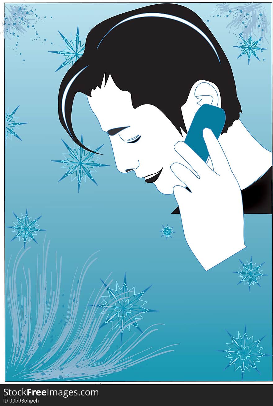 A man is talking on the phone on a blue winter background. A man is talking on the phone on a blue winter background