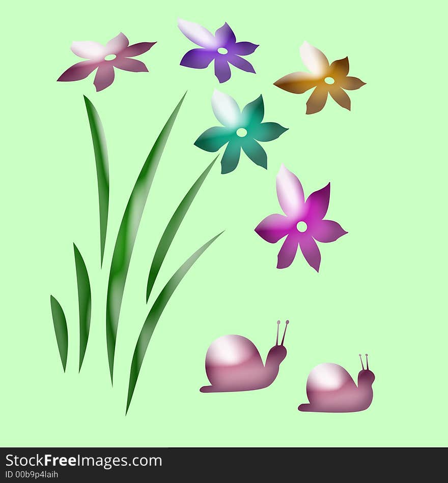 Abstract art pink snails and spring flowers. Abstract art pink snails and spring flowers