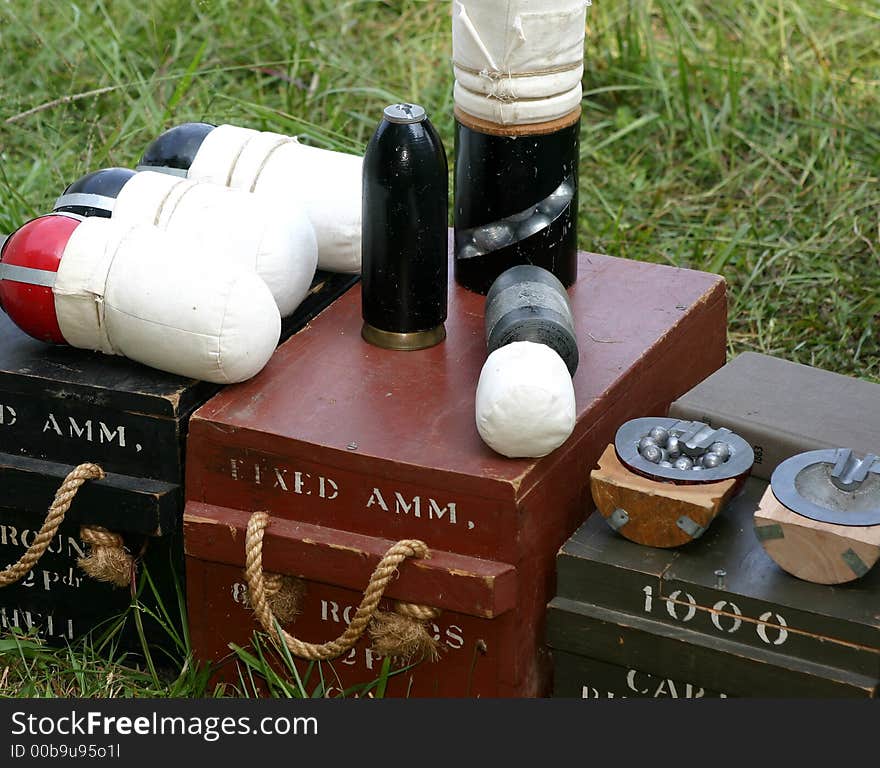 Ammo boxes and cannonballs of American civil war at reenactment