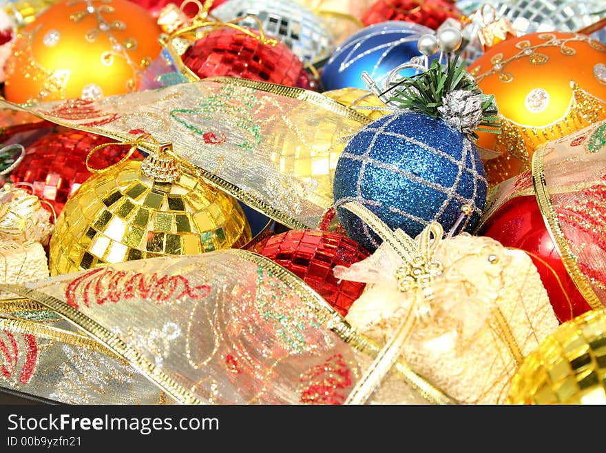 Set of multi-coloured New Year's ornaments and ribbons 1