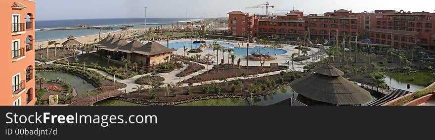 Hotel resort in Fuerteventura, Canary Isles, Spain - panorama of gardens and pools. Hotel resort in Fuerteventura, Canary Isles, Spain - panorama of gardens and pools