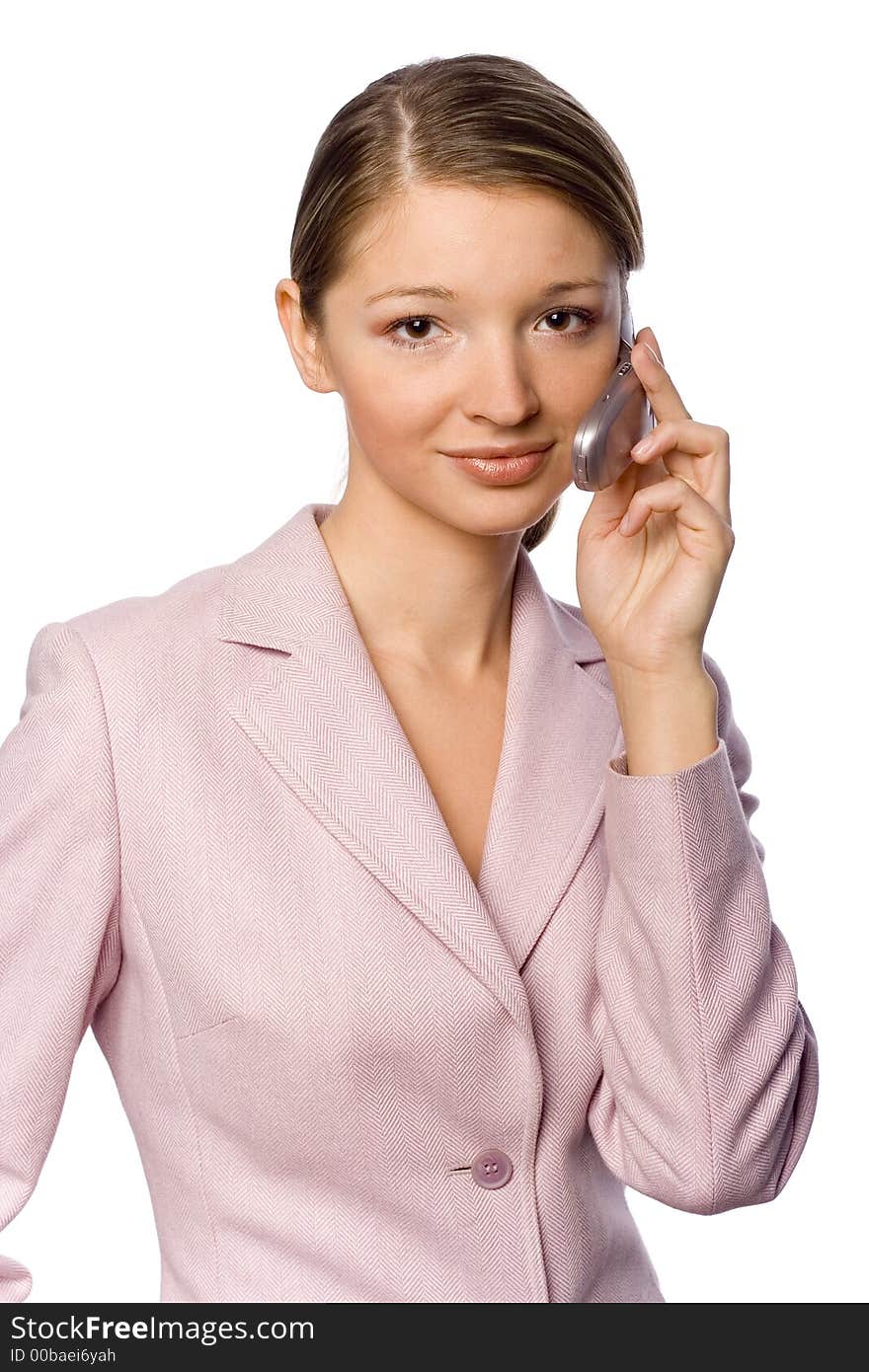 Young woman with mobile phone, isolated on white background in studio. Young woman with mobile phone, isolated on white background in studio