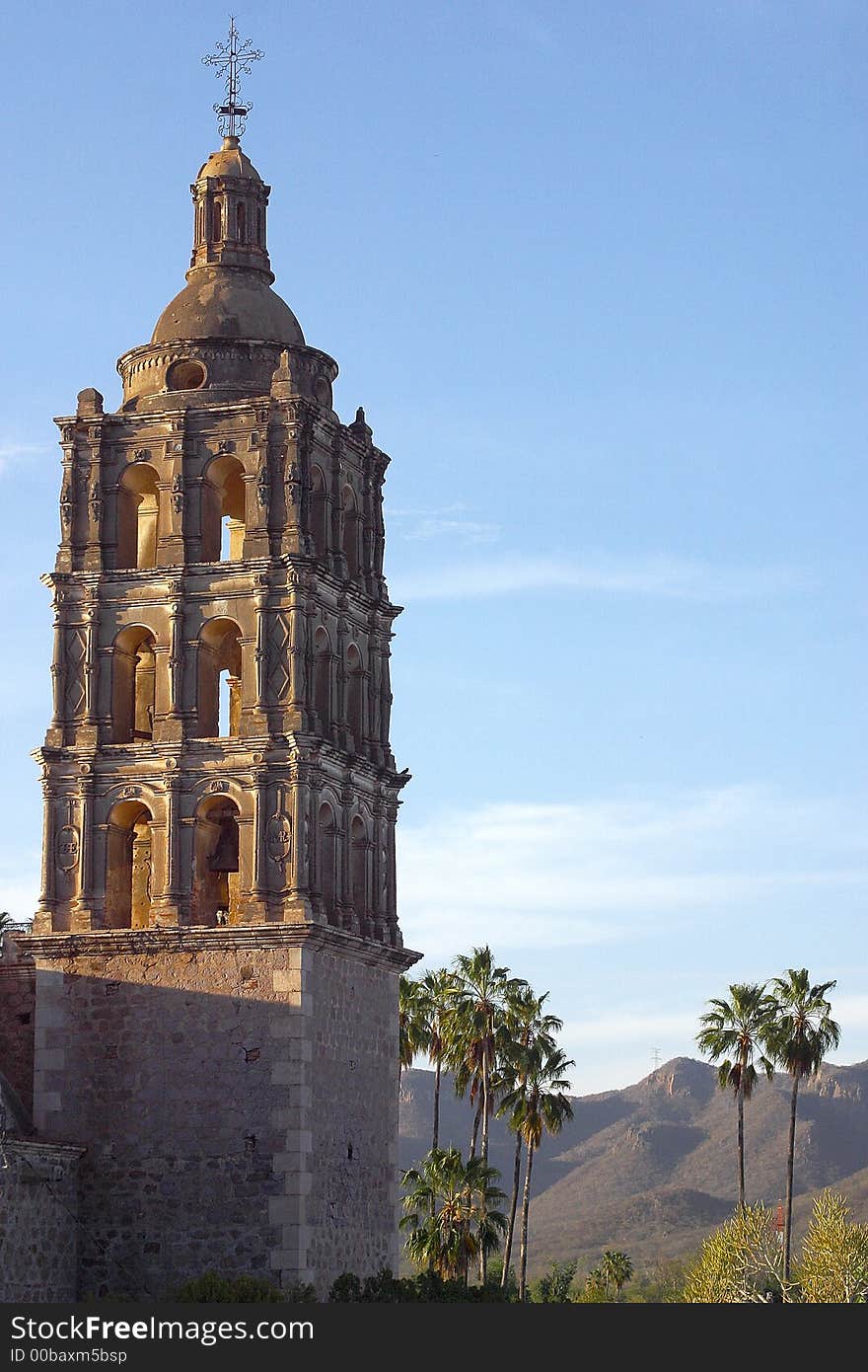 General view of the tower of the church of the town of Alamos, in the northern state of Sonora, Mexico, Latin America