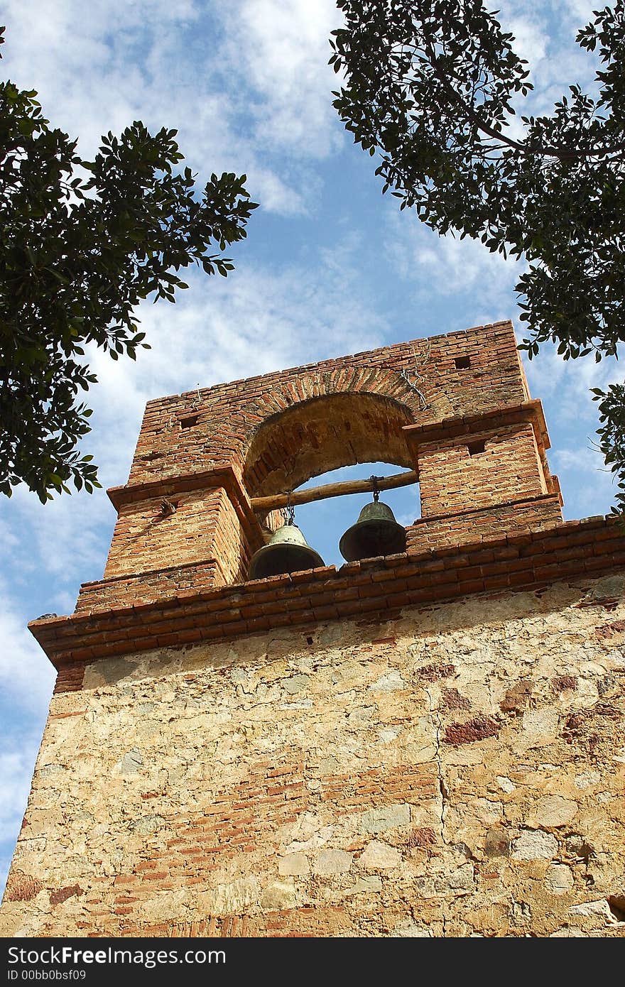 Tower with bells from a chapel in the town of Alamos, in the northern state of Sonora, Mexico, Latin America