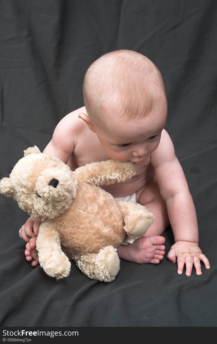 Image of baby boy sitting up holding a teddy bear. Image of baby boy sitting up holding a teddy bear