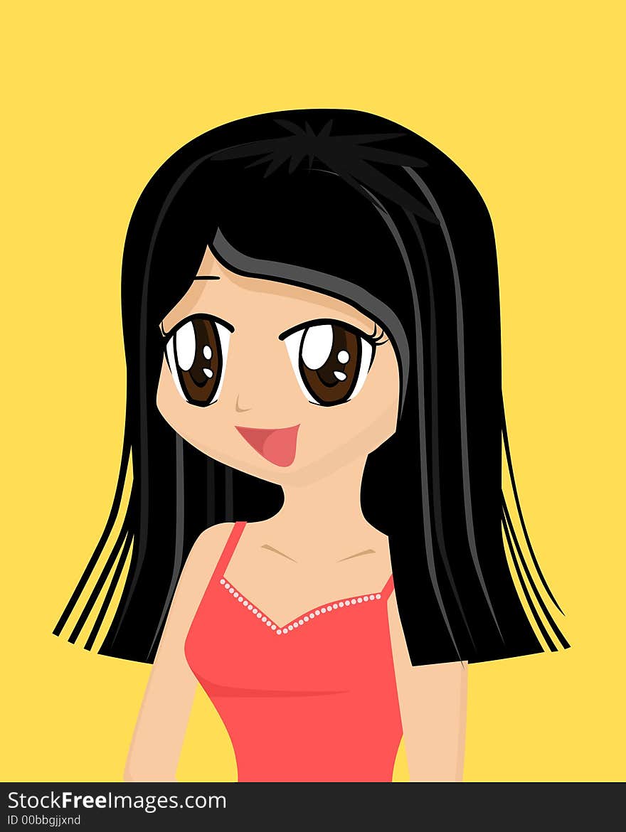 Cute cartoon girl with long hair.