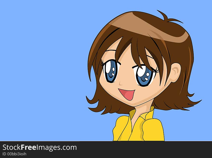 Cute cartoon girl with brown hair.