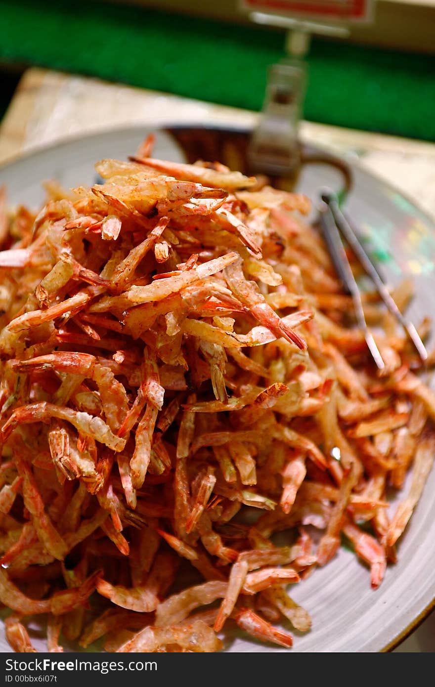 Japanese Dried Shrimp Snacks piled up for sell in Nishiki Market, Kyoto