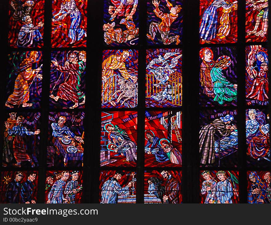 Stained glass church window from a St. Vitus cathedral in Prague Castle , Prague, Czech.