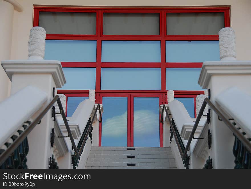 red doors and blue skies. red doors and blue skies