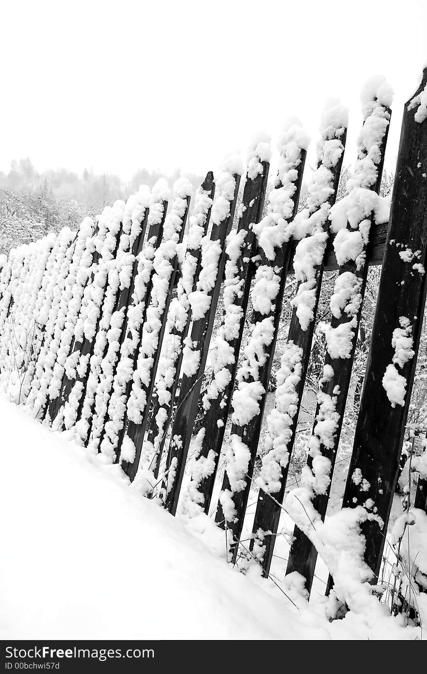 Winter fence detail covered by snow