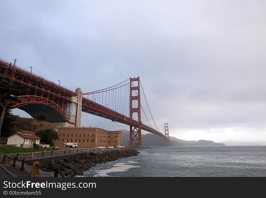 View of the Golden Gate Bridge from Fort Point, at sunrise