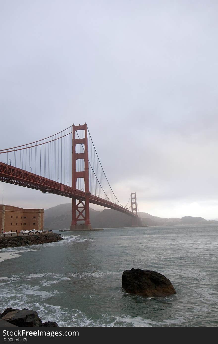 View of the Golden Gate Bridge from Fort Point, at sunrise