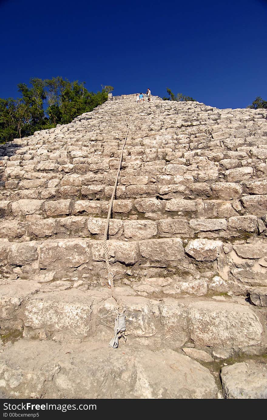 Rope to the top of pyramid in Coba, Mexico. Rope to the top of pyramid in Coba, Mexico