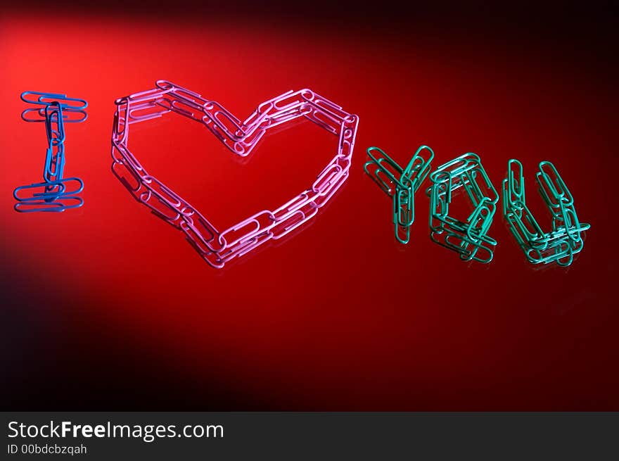 Phrase, I love you, made of writing paper clips