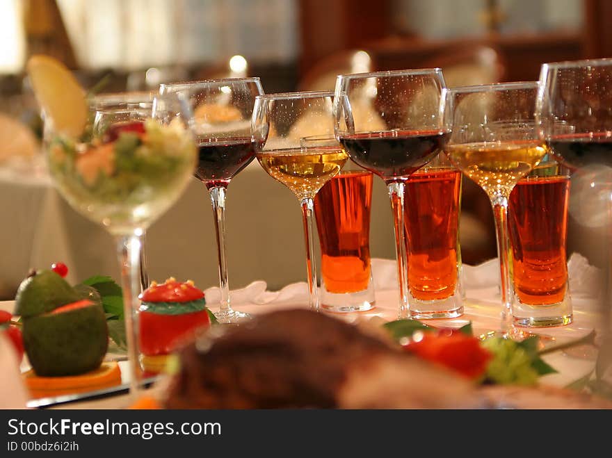 Group of different glasses on the banquet's table