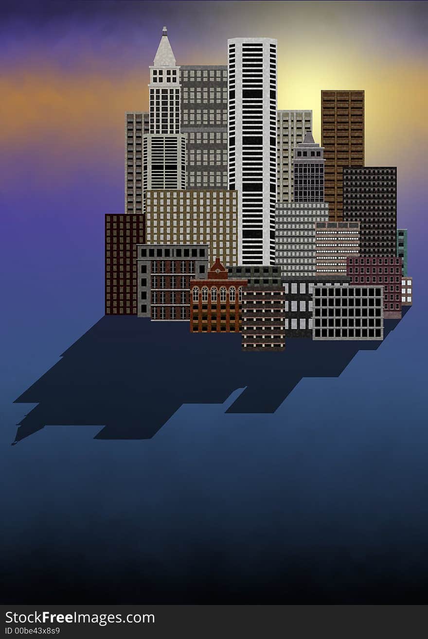 Illustrated city with dropshadow and sunset background