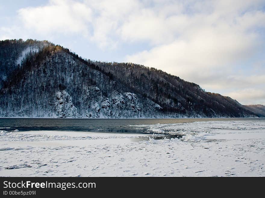 River Angara near lake Baikal in january