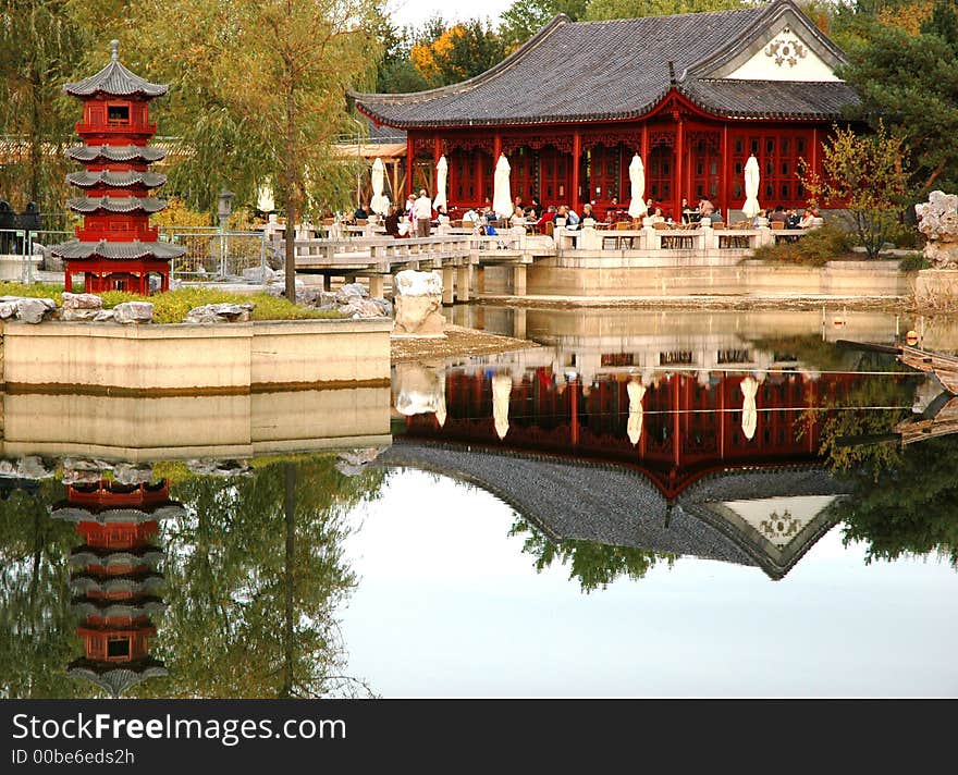 Chinese building with  inverted reflection in water