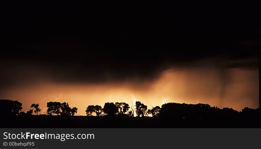 Lightning illuminating a line of trees. Lightning illuminating a line of trees