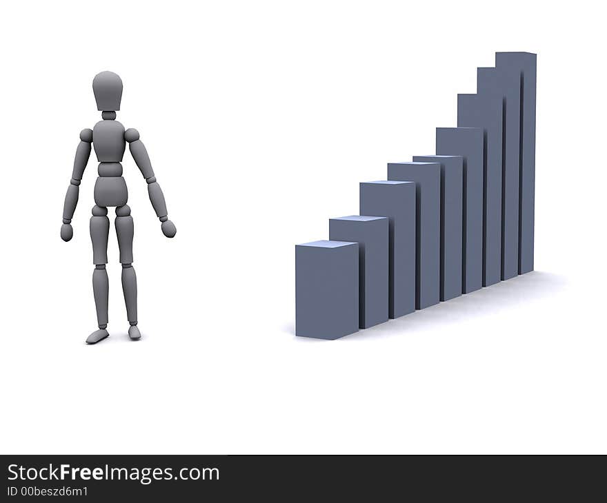 3d man is standing next to a 3d graph. 3d man is standing next to a 3d graph