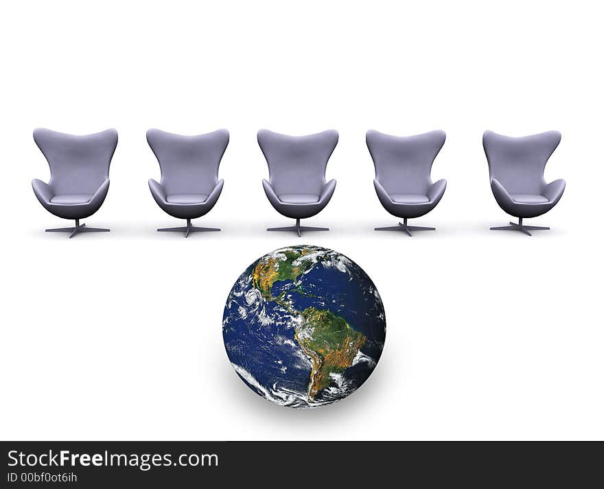 3d empty chairs and earth in a white room