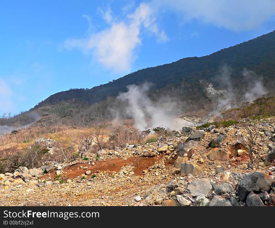 Hot steam clouds near volcano