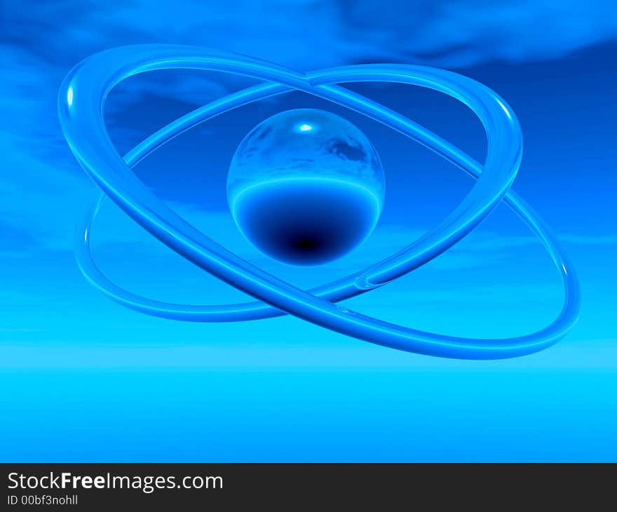 Blue rings and sphere on a clouds background - 3d scene. Blue rings and sphere on a clouds background - 3d scene.